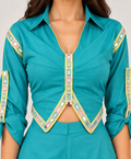Turquoise Blue Roman Silk Statement Cropped Top