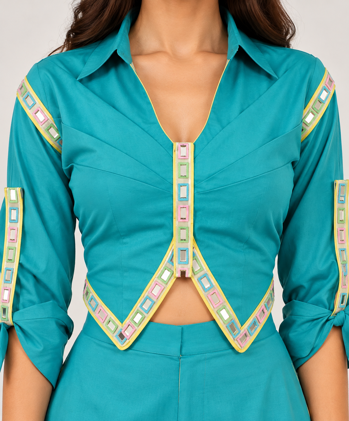 Turquoise Blue Roman Silk Statement Cropped Top