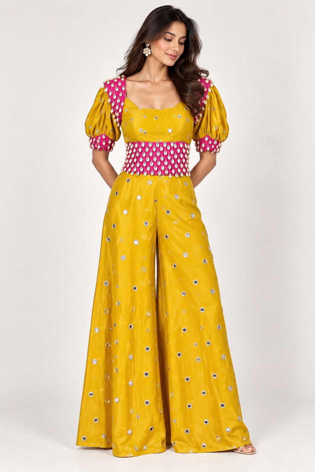 Handwork Yellow & Pink Vichitra Silk & Georgette Statement Co-Ord Set