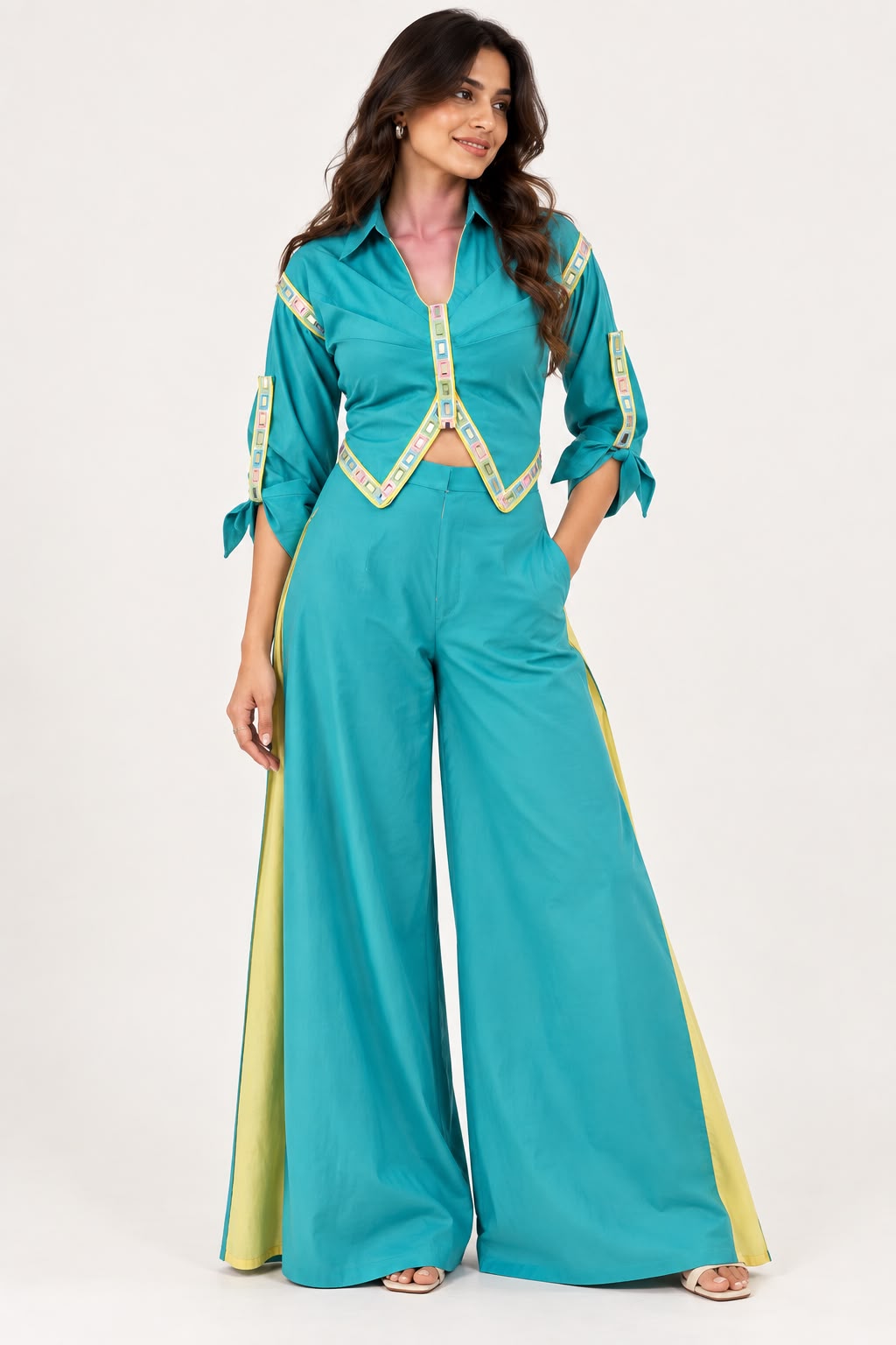 Turquoise Blue Roman Silk Co-Ord Set